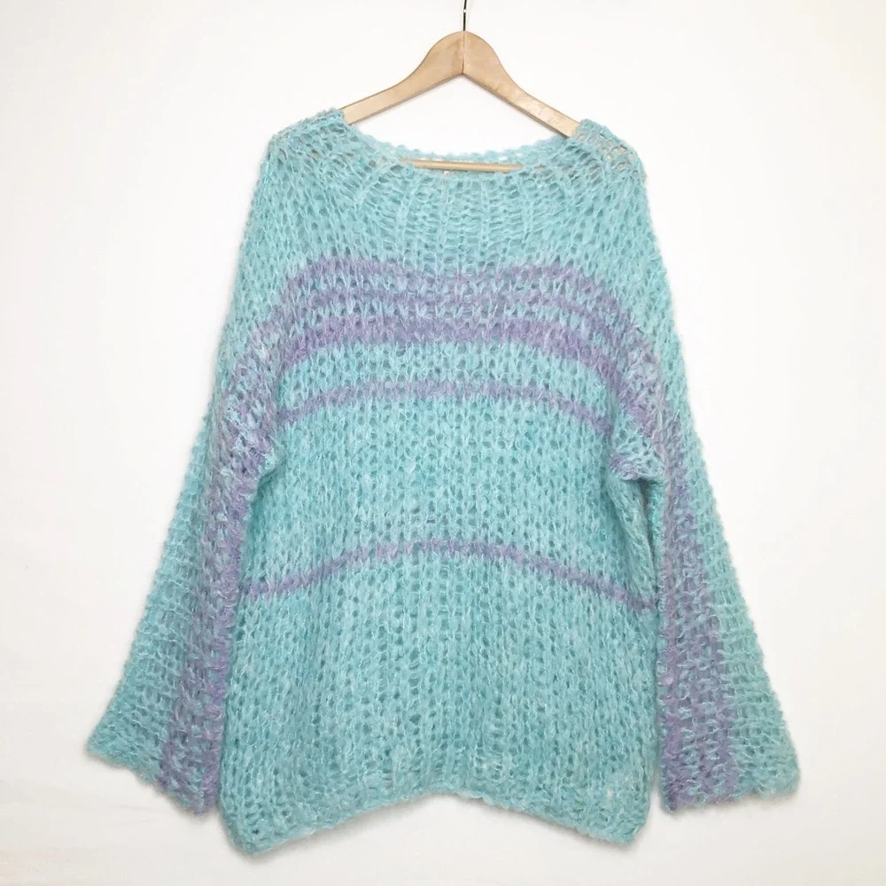 Hand-Knit Aqua & Lilac Striped Cozy Sweater